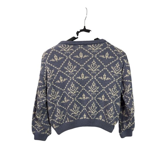 Vintage 80s Cabin Creek Blue Cream Sweater M Nordic Geometric Pattern Floral - Picture 3 of 5